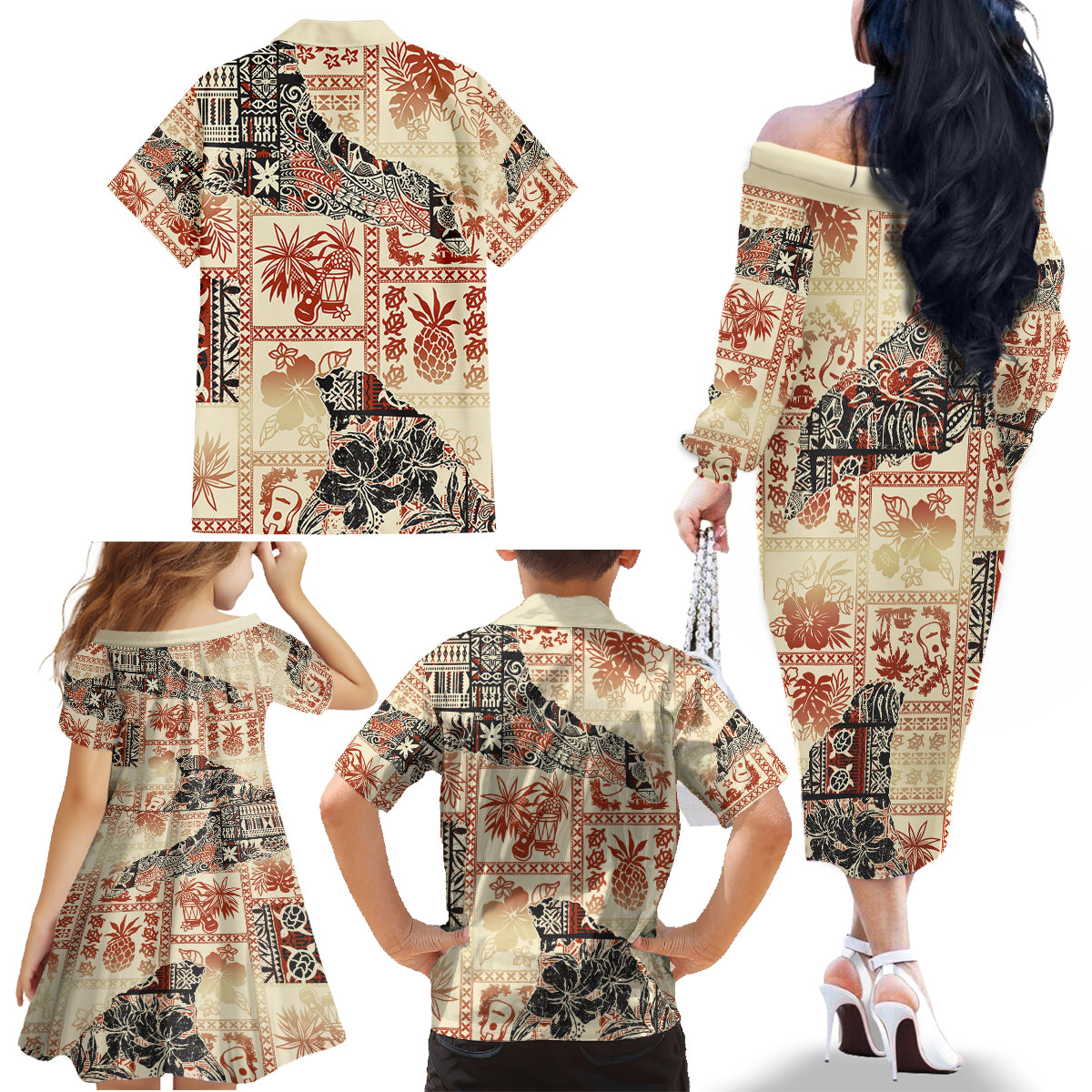 Hawaii Family Matching Off Shoulder Long Sleeve Dress and Hawaiian Shirt Aloha Tribal Pattern Beige Version - Wonder Print Shop