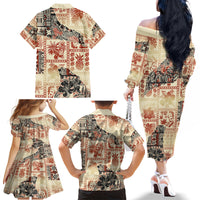 Hawaii Family Matching Off Shoulder Long Sleeve Dress and Hawaiian Shirt Aloha Tribal Pattern Beige Version - Wonder Print Shop
