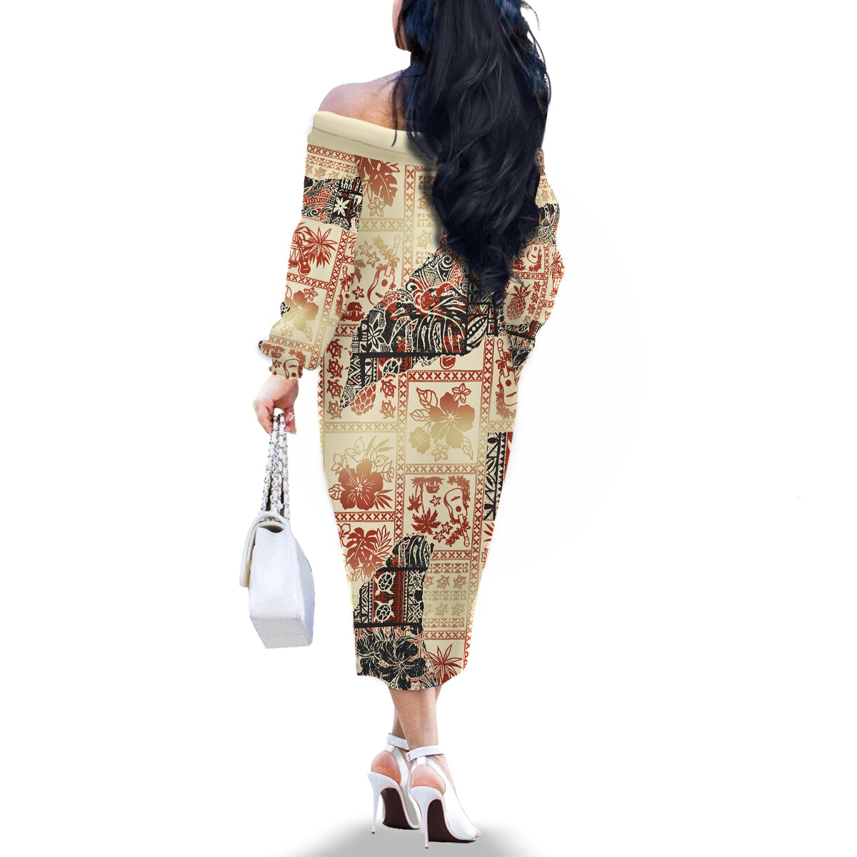 Hawaii Family Matching Off Shoulder Long Sleeve Dress and Hawaiian Shirt Aloha Tribal Pattern Beige Version - Wonder Print Shop