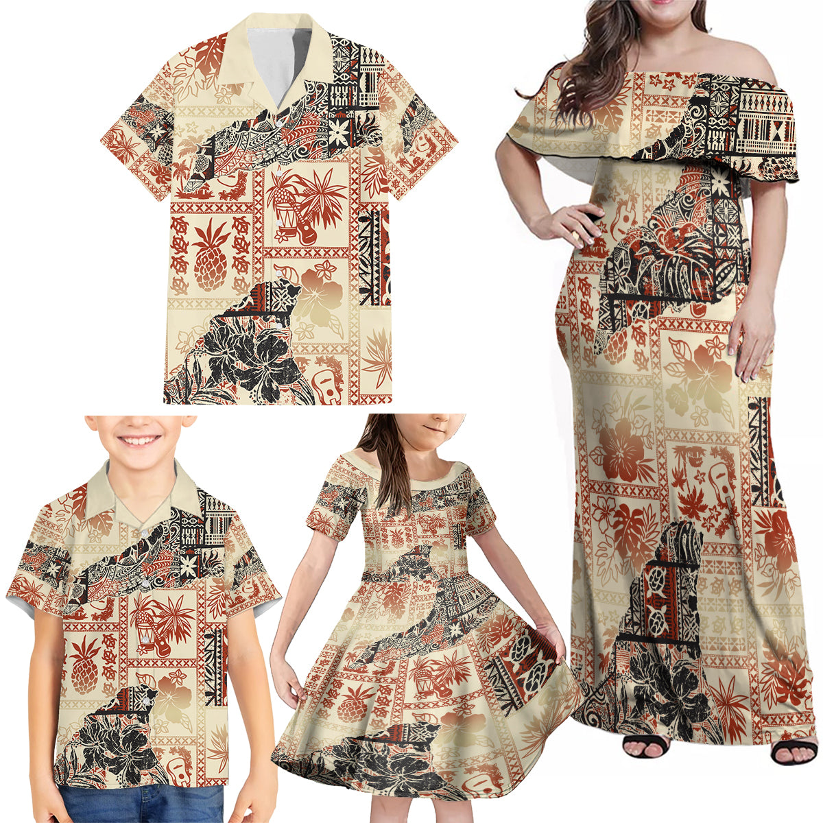 Hawaii Family Matching Off Shoulder Maxi Dress and Hawaiian Shirt Aloha Tribal Pattern Beige Version LT9 - Wonder Print Shop