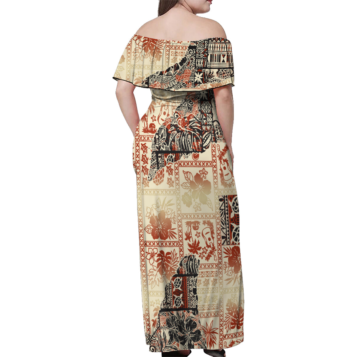 Hawaii Family Matching Off Shoulder Maxi Dress and Hawaiian Shirt Aloha Tribal Pattern Beige Version LT9 - Wonder Print Shop
