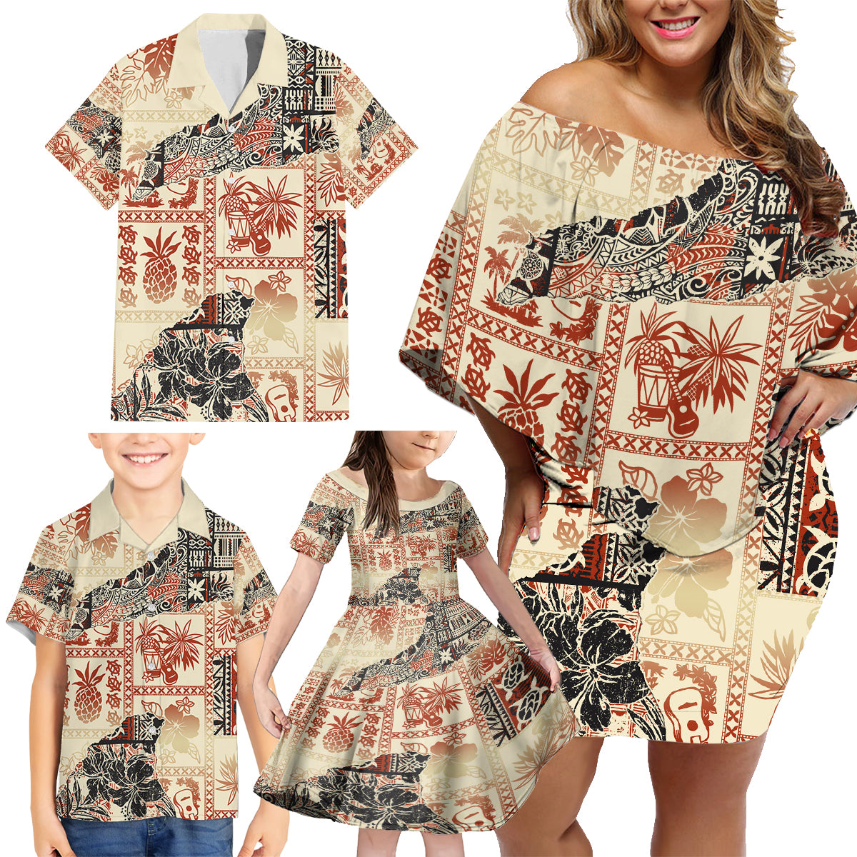 Hawaii Family Matching Off Shoulder Short Dress and Hawaiian Shirt Aloha Tribal Pattern Beige Version LT9 - Wonder Print Shop