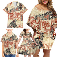 Hawaii Family Matching Off Shoulder Short Dress and Hawaiian Shirt Aloha Tribal Pattern Beige Version LT9 - Wonder Print Shop