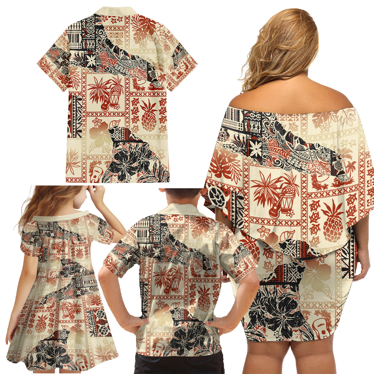 Hawaii Family Matching Off Shoulder Short Dress and Hawaiian Shirt Aloha Tribal Pattern Beige Version LT9 - Wonder Print Shop