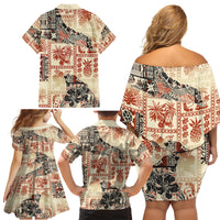 Hawaii Family Matching Off Shoulder Short Dress and Hawaiian Shirt Aloha Tribal Pattern Beige Version LT9 - Wonder Print Shop