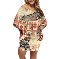Hawaii Family Matching Off Shoulder Short Dress and Hawaiian Shirt Aloha Tribal Pattern Beige Version LT9 - Wonder Print Shop