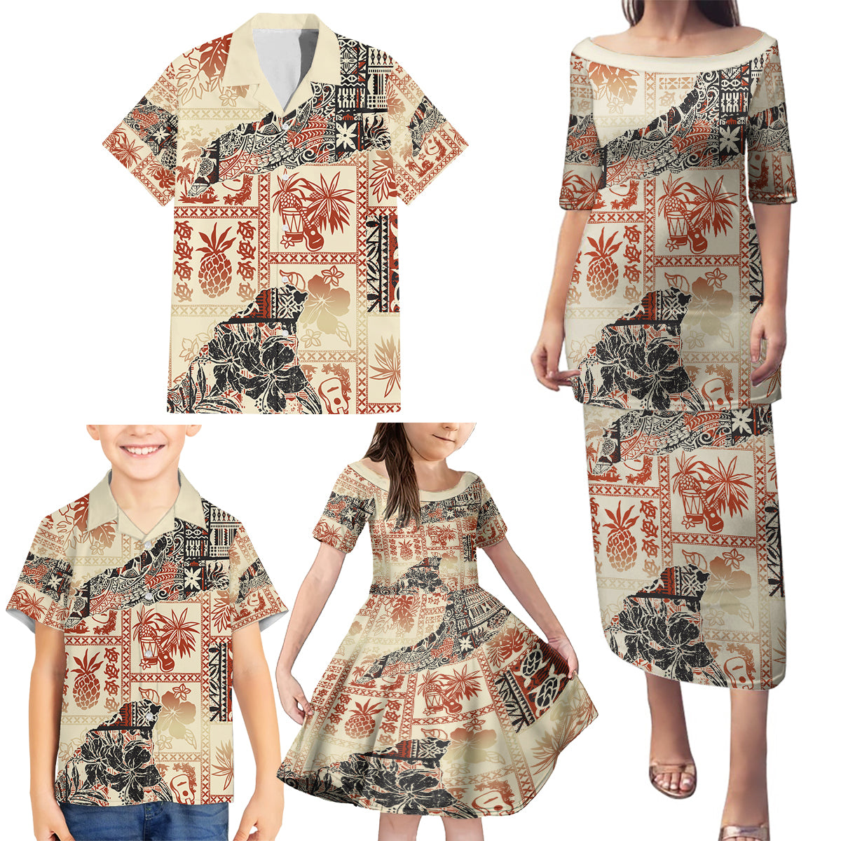 Hawaii Family Matching Puletasi Dress and Hawaiian Shirt Aloha Tribal Pattern Beige Version - Wonder Print Shop