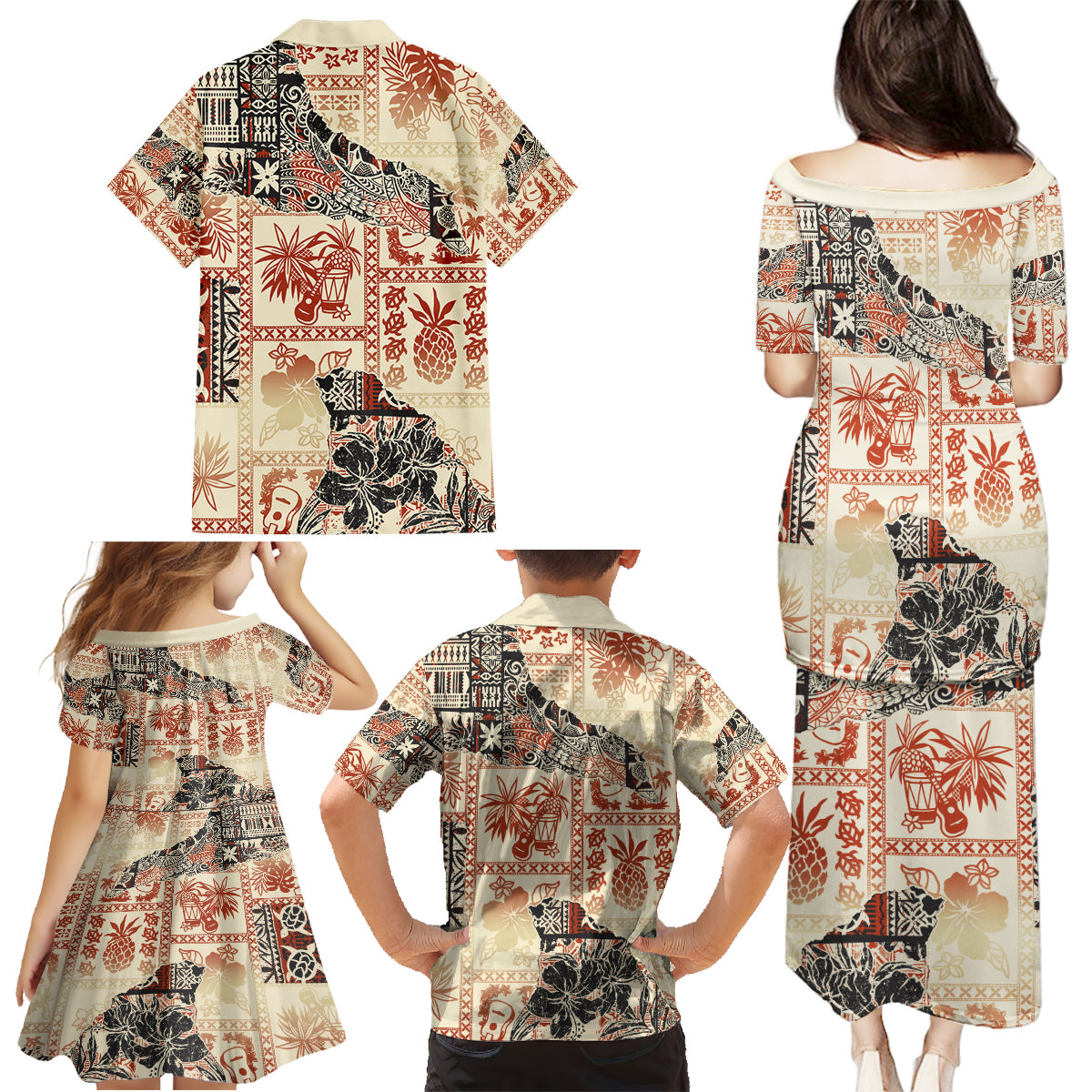 Hawaii Family Matching Puletasi Dress and Hawaiian Shirt Aloha Tribal Pattern Beige Version - Wonder Print Shop