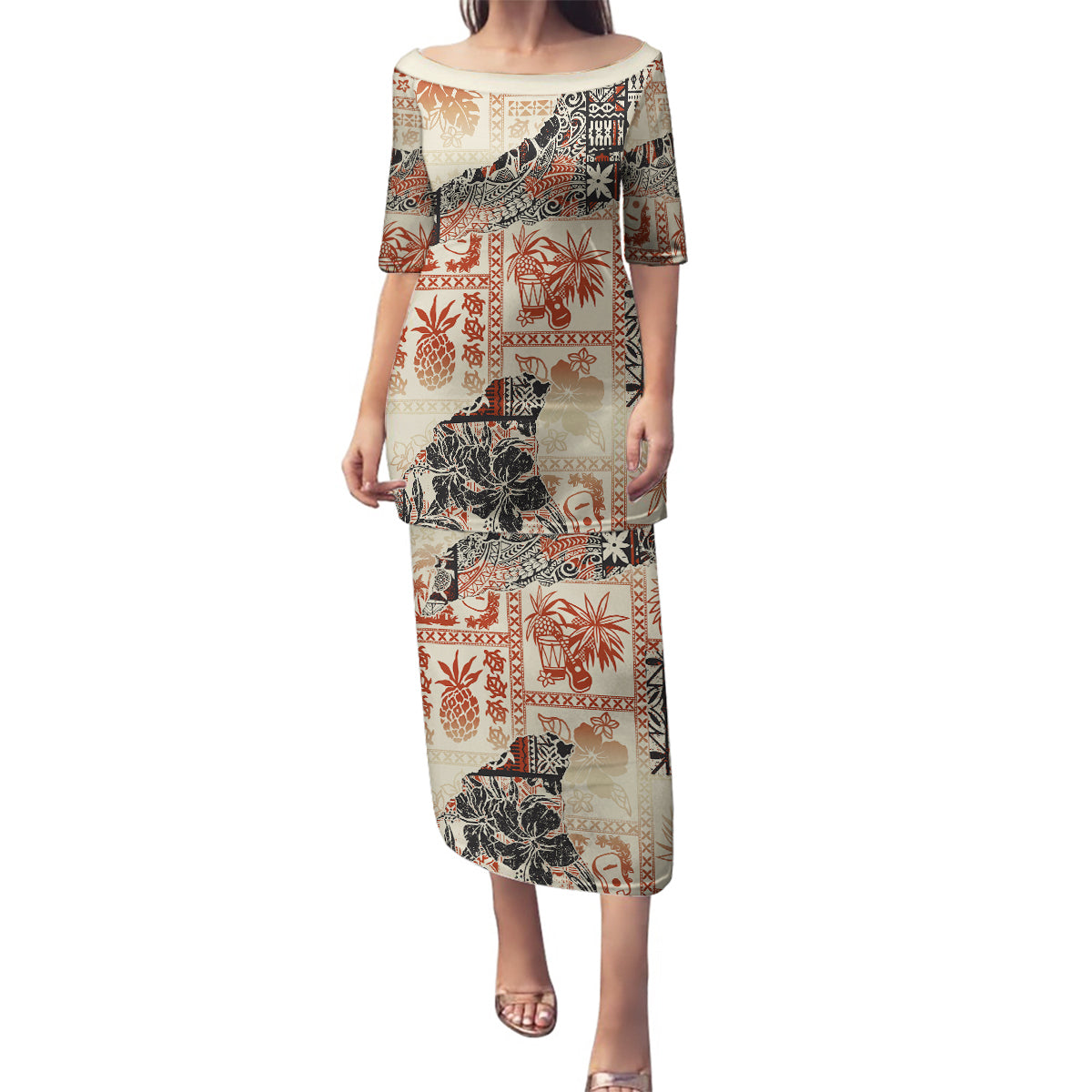 Hawaii Family Matching Puletasi Dress and Hawaiian Shirt Aloha Tribal Pattern Beige Version - Wonder Print Shop