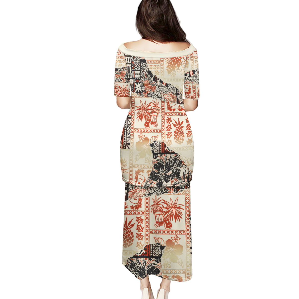 Hawaii Family Matching Puletasi Dress and Hawaiian Shirt Aloha Tribal Pattern Beige Version - Wonder Print Shop