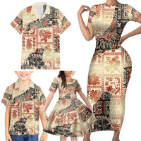 Hawaii Family Matching Short Sleeve Bodycon Dress and Hawaiian Shirt Aloha Tribal Pattern Beige Version - Wonder Print Shop