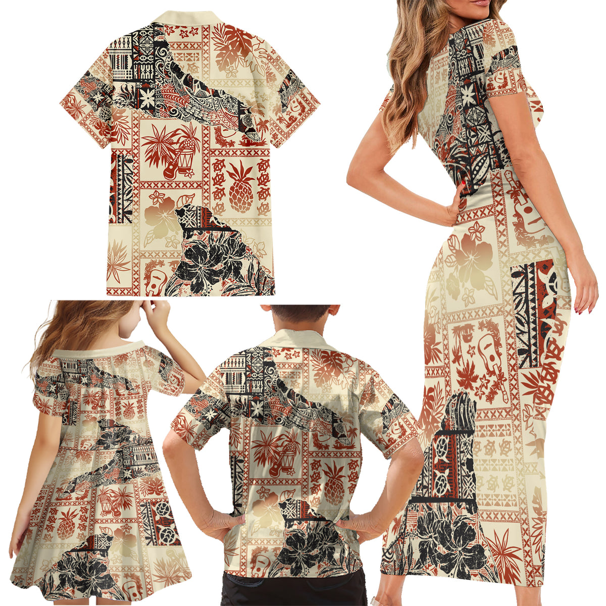 Hawaii Family Matching Short Sleeve Bodycon Dress and Hawaiian Shirt Aloha Tribal Pattern Beige Version - Wonder Print Shop