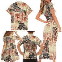 Hawaii Family Matching Short Sleeve Bodycon Dress and Hawaiian Shirt Aloha Tribal Pattern Beige Version - Wonder Print Shop