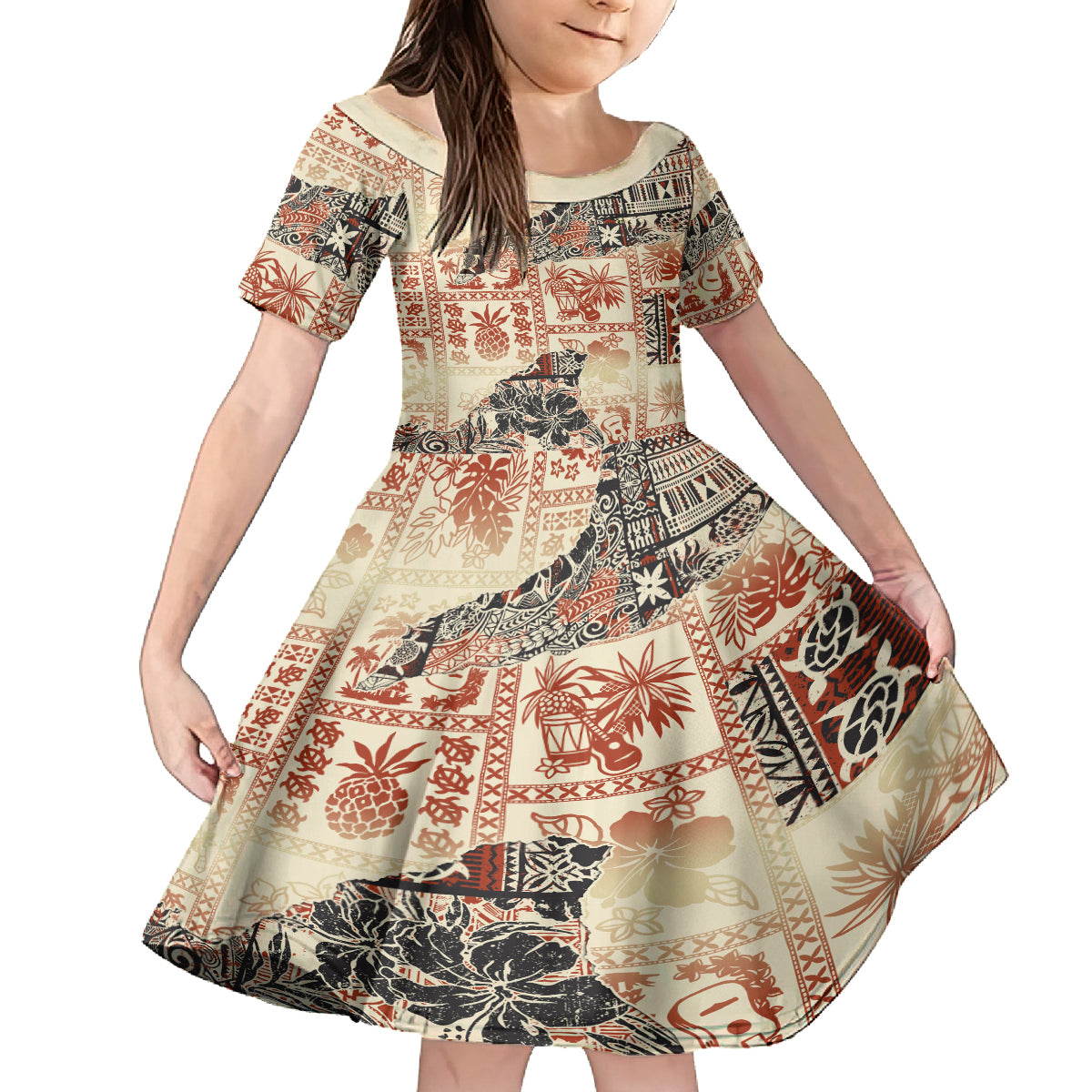 Hawaii Family Matching Summer Maxi Dress and Hawaiian Shirt Aloha Tribal Pattern Beige Version - Wonder Print Shop