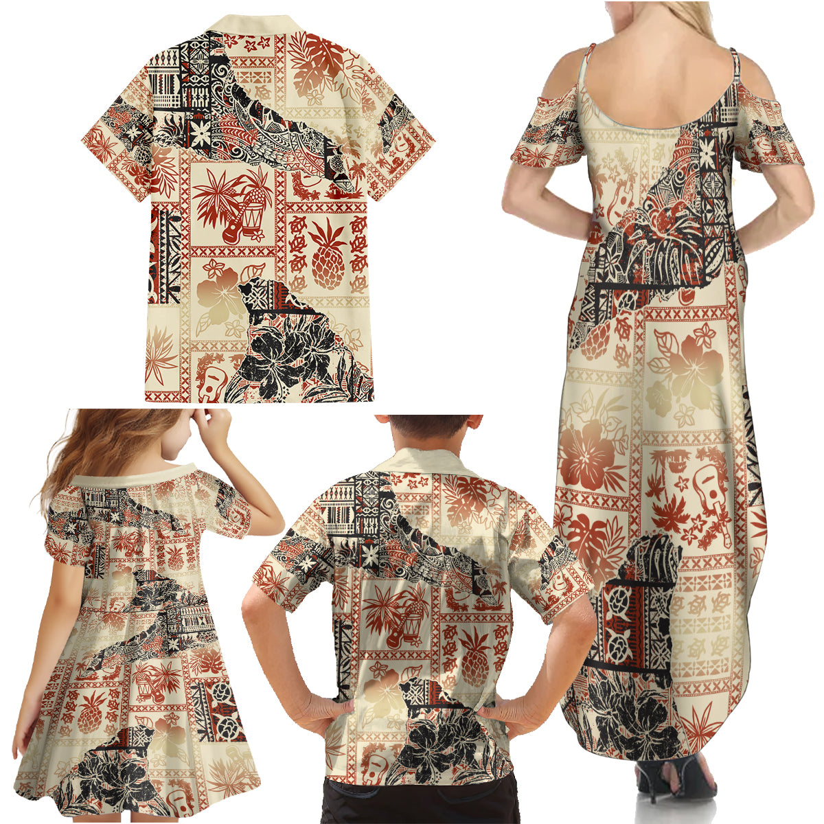 Hawaii Family Matching Summer Maxi Dress and Hawaiian Shirt Aloha Tribal Pattern Beige Version - Wonder Print Shop