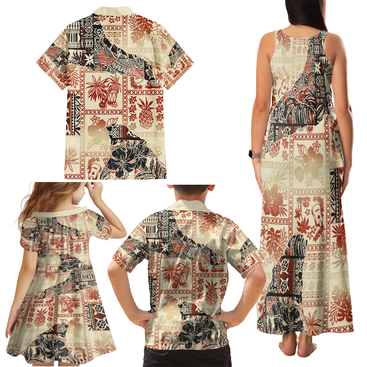 Hawaii Family Matching Tank Maxi Dress and Hawaiian Shirt Aloha Tribal Pattern Beige Version - Wonder Print Shop