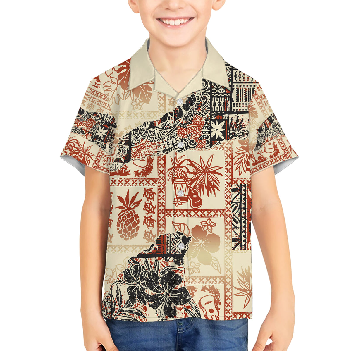 Hawaii Kid Hawaiian Shirt Aloha Tribal Pattern Beige Version - Wonder Print Shop