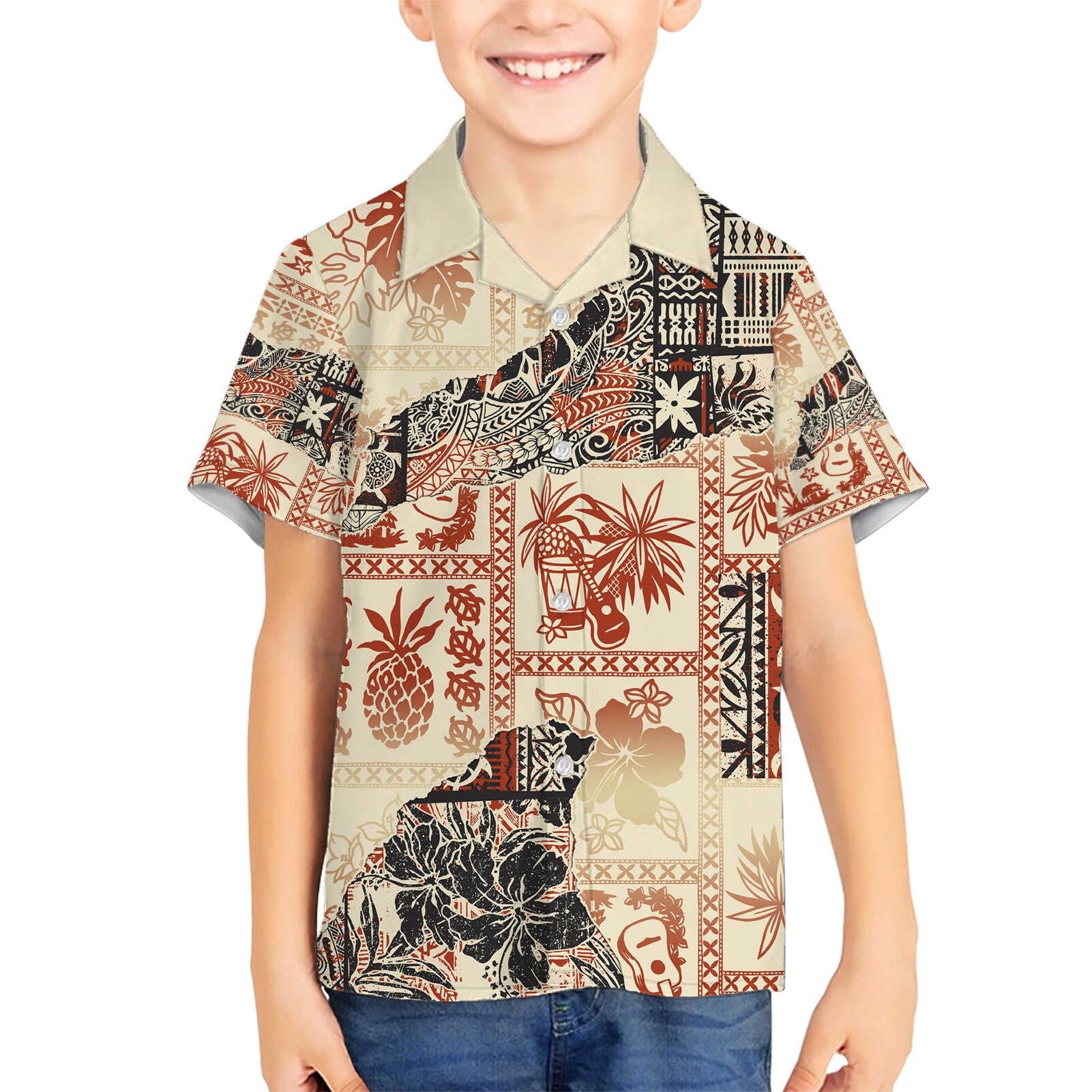 Hawaii Kid Hawaiian Shirt Aloha Tribal Pattern Beige Version - Wonder Print Shop