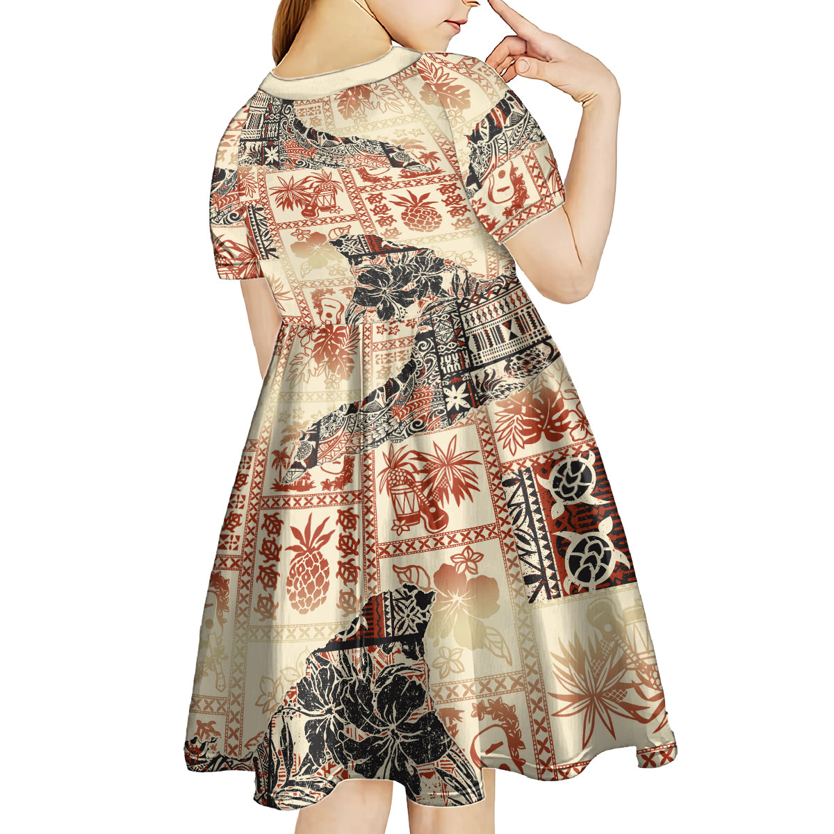 Hawaii Kid Short Sleeve Dress Aloha Tribal Pattern Beige Version - Wonder Print Shop