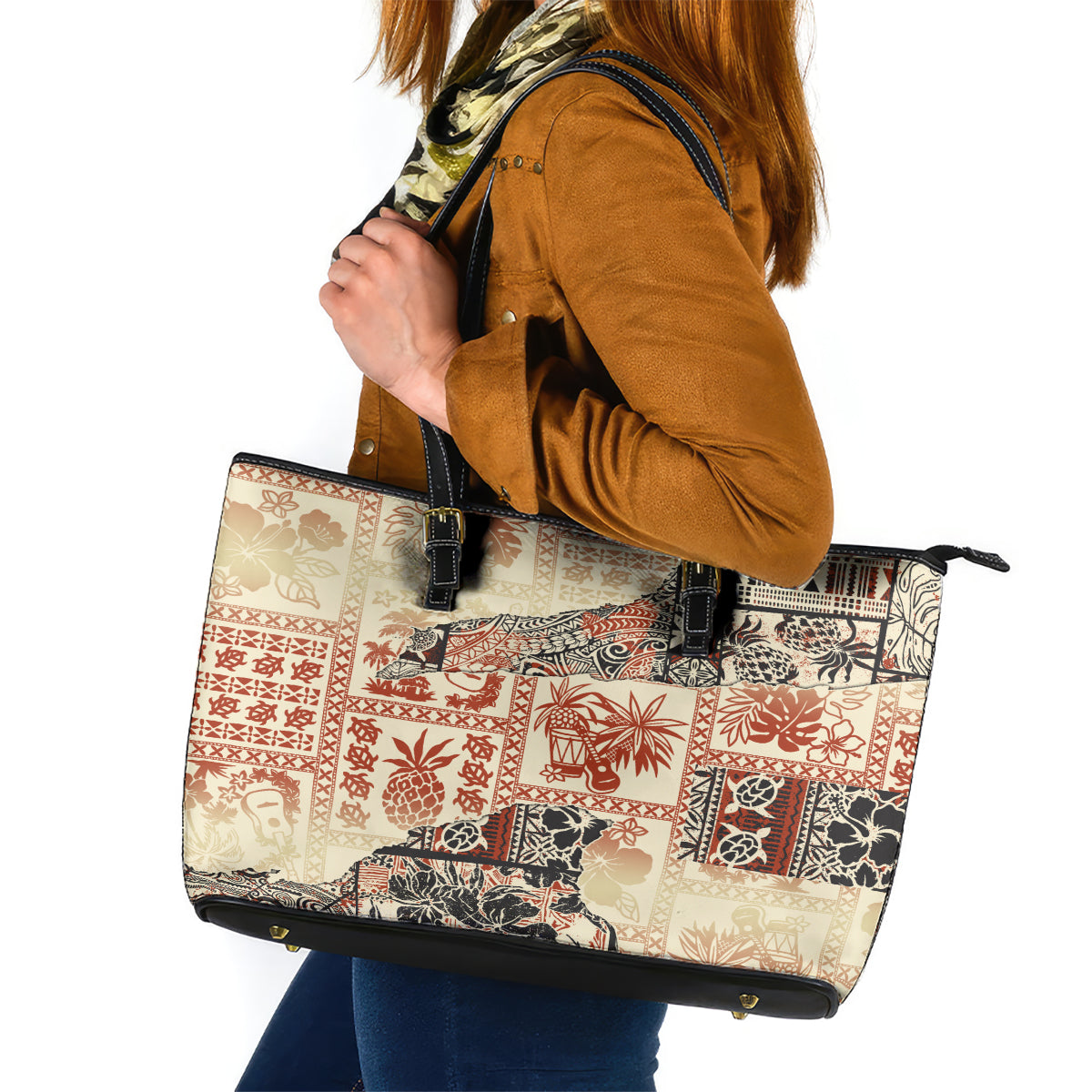 Hawaii Leather Tote Bag Aloha Tribal Pattern Beige Version - Wonder Print Shop