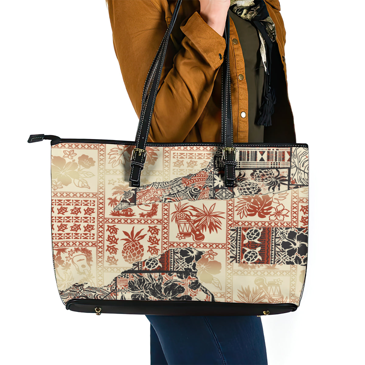 Hawaii Leather Tote Bag Aloha Tribal Pattern Beige Version - Wonder Print Shop