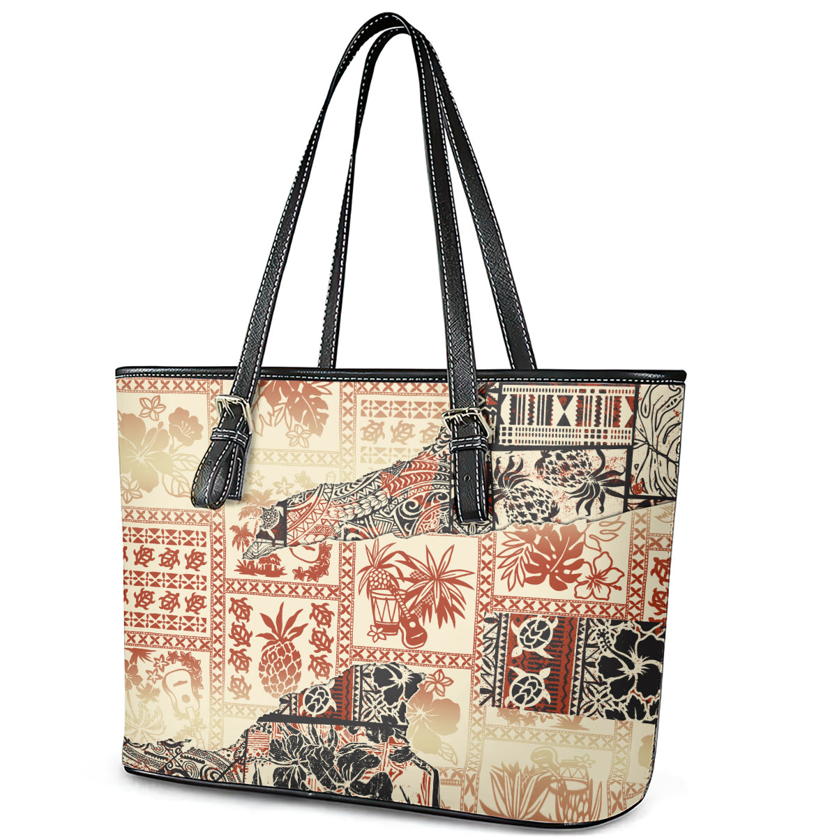 Hawaii Leather Tote Bag Aloha Tribal Pattern Beige Version - Wonder Print Shop