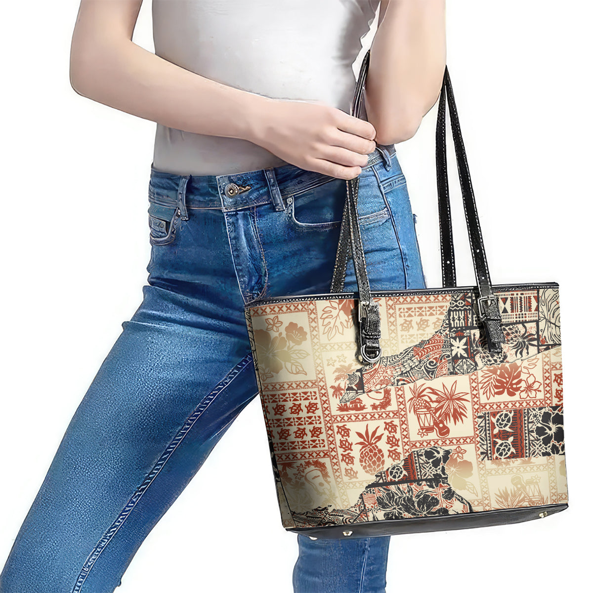 Hawaii Leather Tote Bag Aloha Tribal Pattern Beige Version - Wonder Print Shop