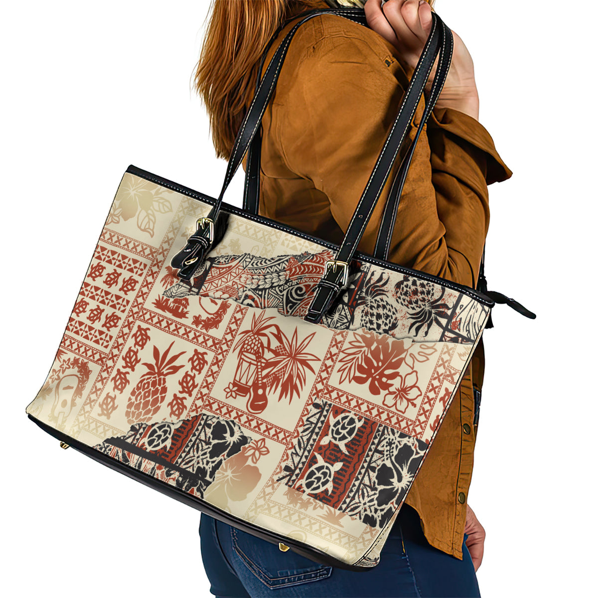 Hawaii Leather Tote Bag Aloha Tribal Pattern Beige Version - Wonder Print Shop
