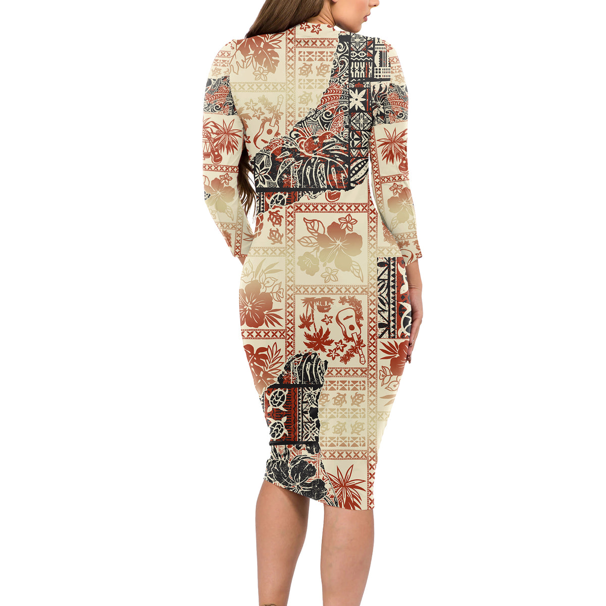 Hawaii Long Sleeve Bodycon Dress Aloha Tribal Pattern Beige Version - Wonder Print Shop