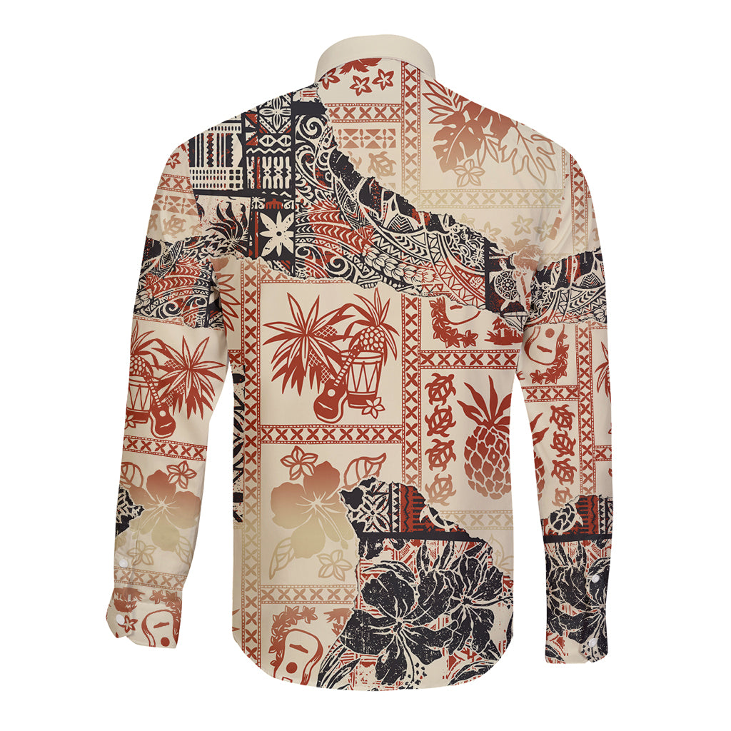 Hawaii Long Sleeve Button Shirt Aloha Tribal Pattern Beige Version - Wonder Print Shop