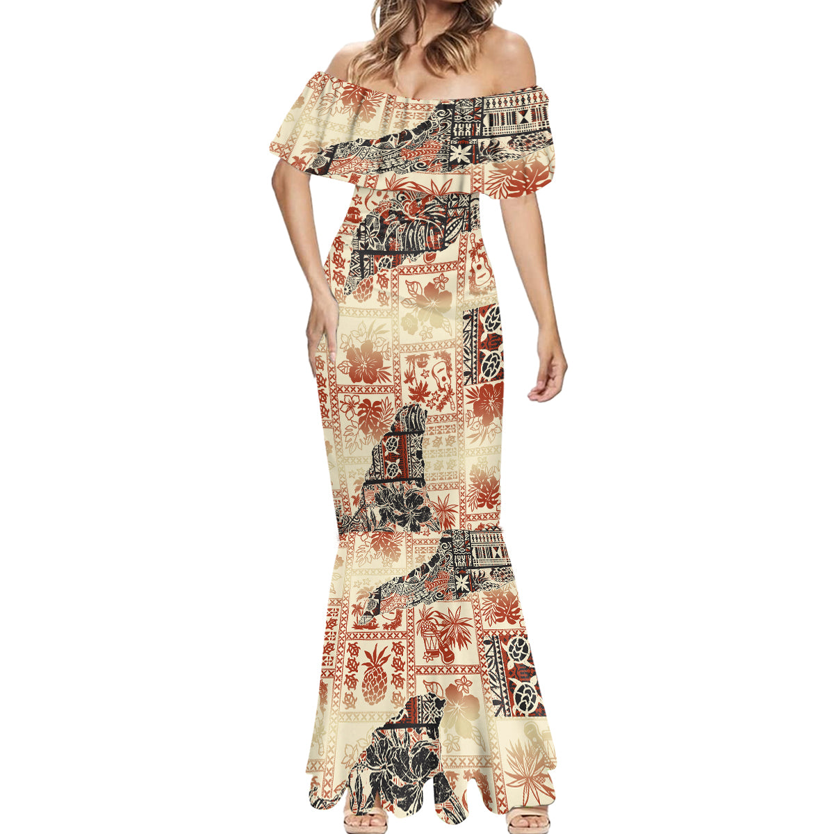 Hawaii Mermaid Dress Aloha Tribal Pattern Beige Version - Wonder Print Shop