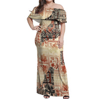 Hawaii Off Shoulder Maxi Dress Aloha Tribal Pattern Beige Version - Wonder Print Shop