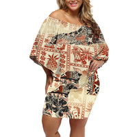 Hawaii Off Shoulder Short Dress Aloha Tribal Pattern Beige Version - Wonder Print Shop