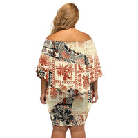 Hawaii Off Shoulder Short Dress Aloha Tribal Pattern Beige Version - Wonder Print Shop