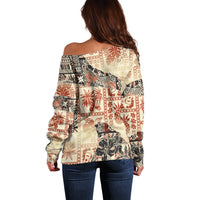 Hawaii Off Shoulder Sweater Aloha Tribal Pattern Beige Version - Wonder Print Shop