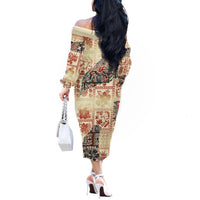 Hawaii Off The Shoulder Long Sleeve Dress Aloha Tribal Pattern Beige Version - Wonder Print Shop