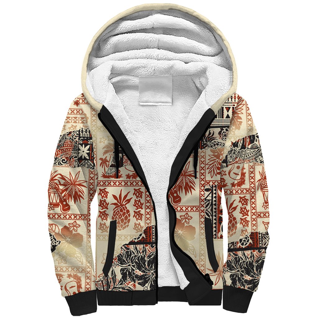 Hawaii Sherpa Hoodie Aloha Tribal Pattern Beige Version - Wonder Print Shop