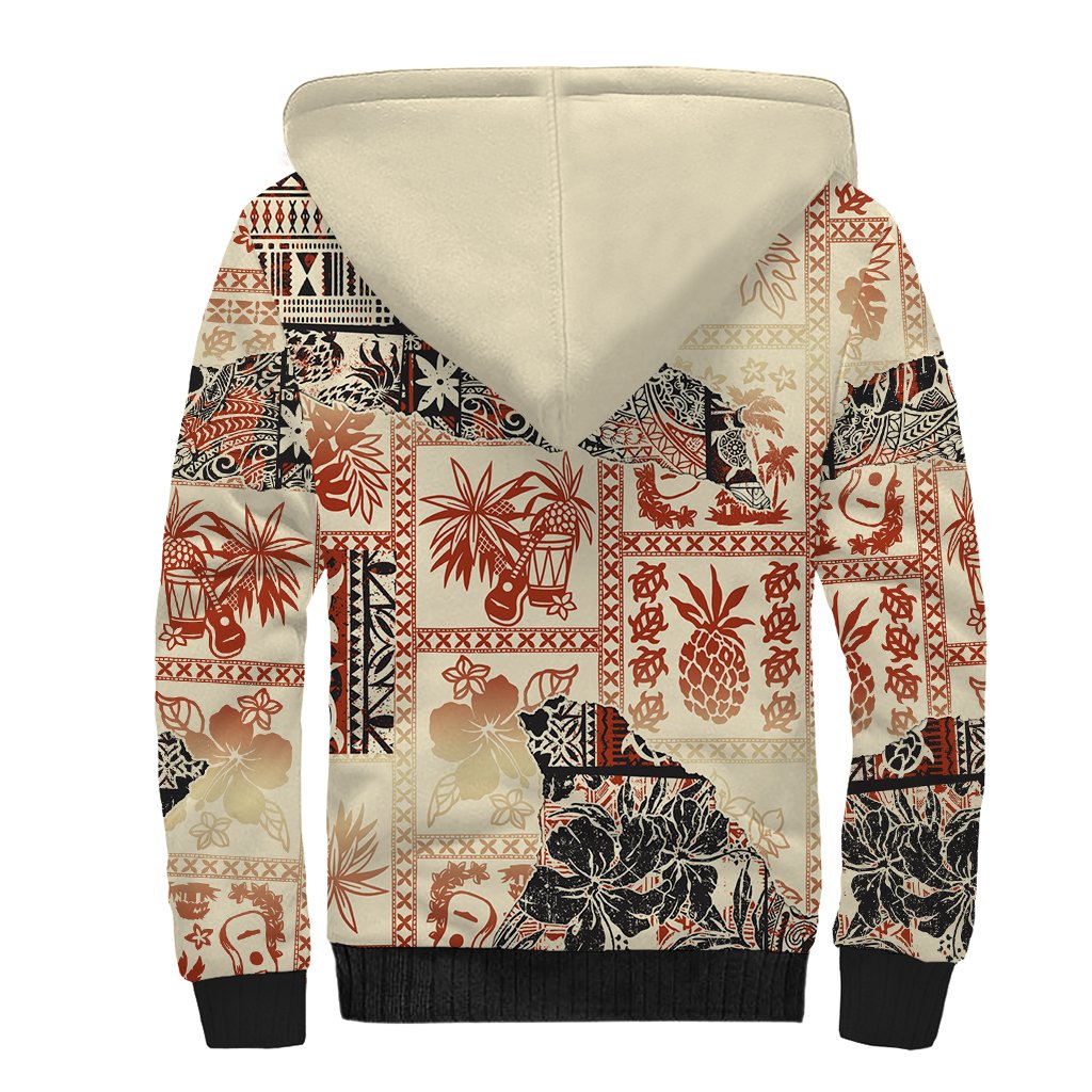 Hawaii Sherpa Hoodie Aloha Tribal Pattern Beige Version - Wonder Print Shop