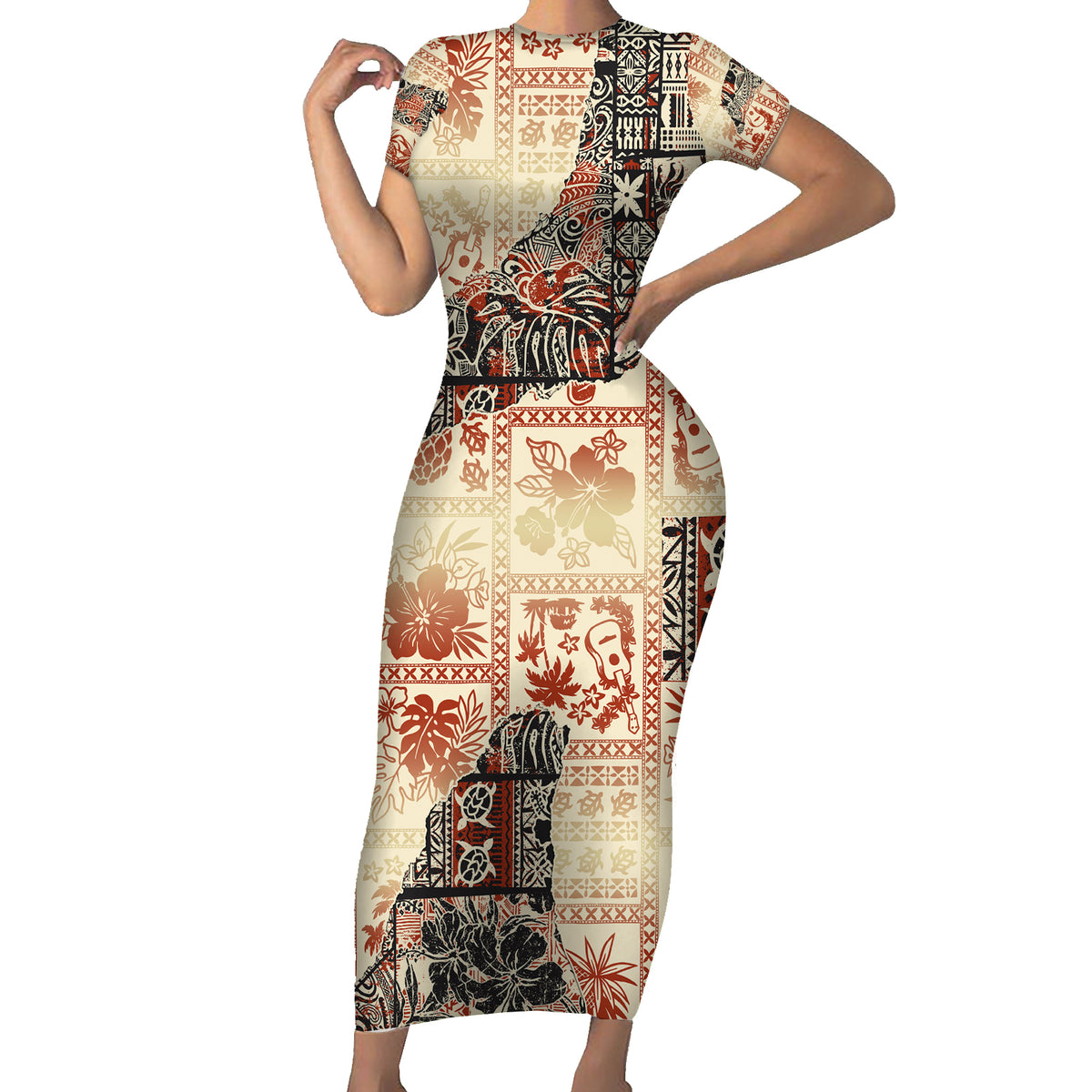 Hawaii Short Sleeve Bodycon Dress Aloha Tribal Pattern Beige Version - Wonder Print Shop