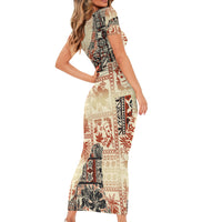 Hawaii Short Sleeve Bodycon Dress Aloha Tribal Pattern Beige Version - Wonder Print Shop