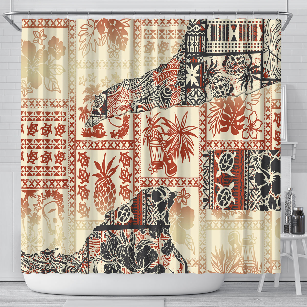 hawaii-shower-curtain-aloha-tribal-pattern-beige-version