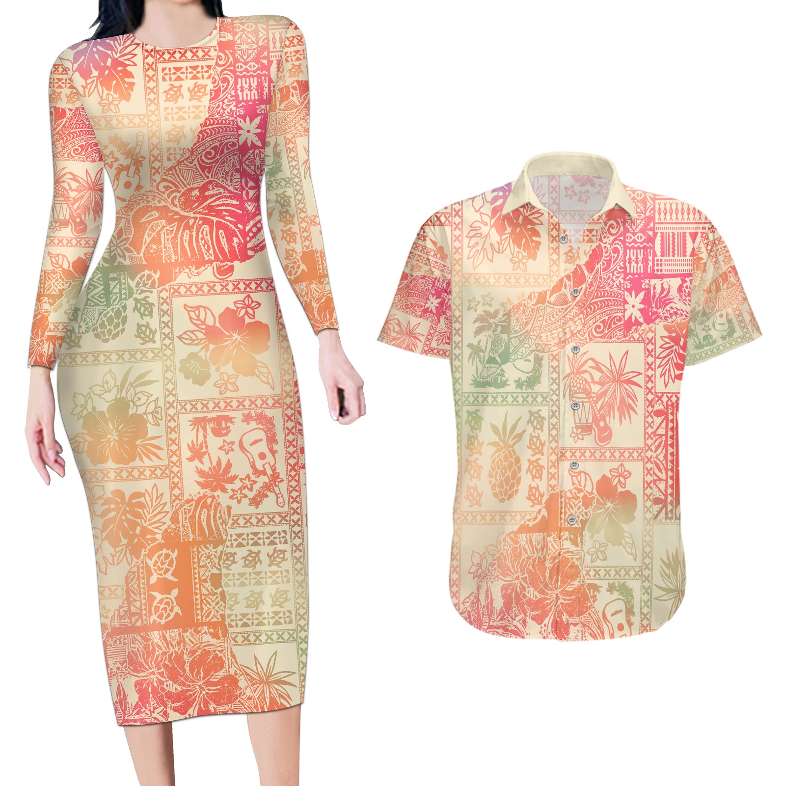 Hawaii Couples Matching Long Sleeve Bodycon Dress and Hawaiian Shirt Aloha Tribal Pattern Sweat Pink Ombre LT9 - Wonder Print Shop