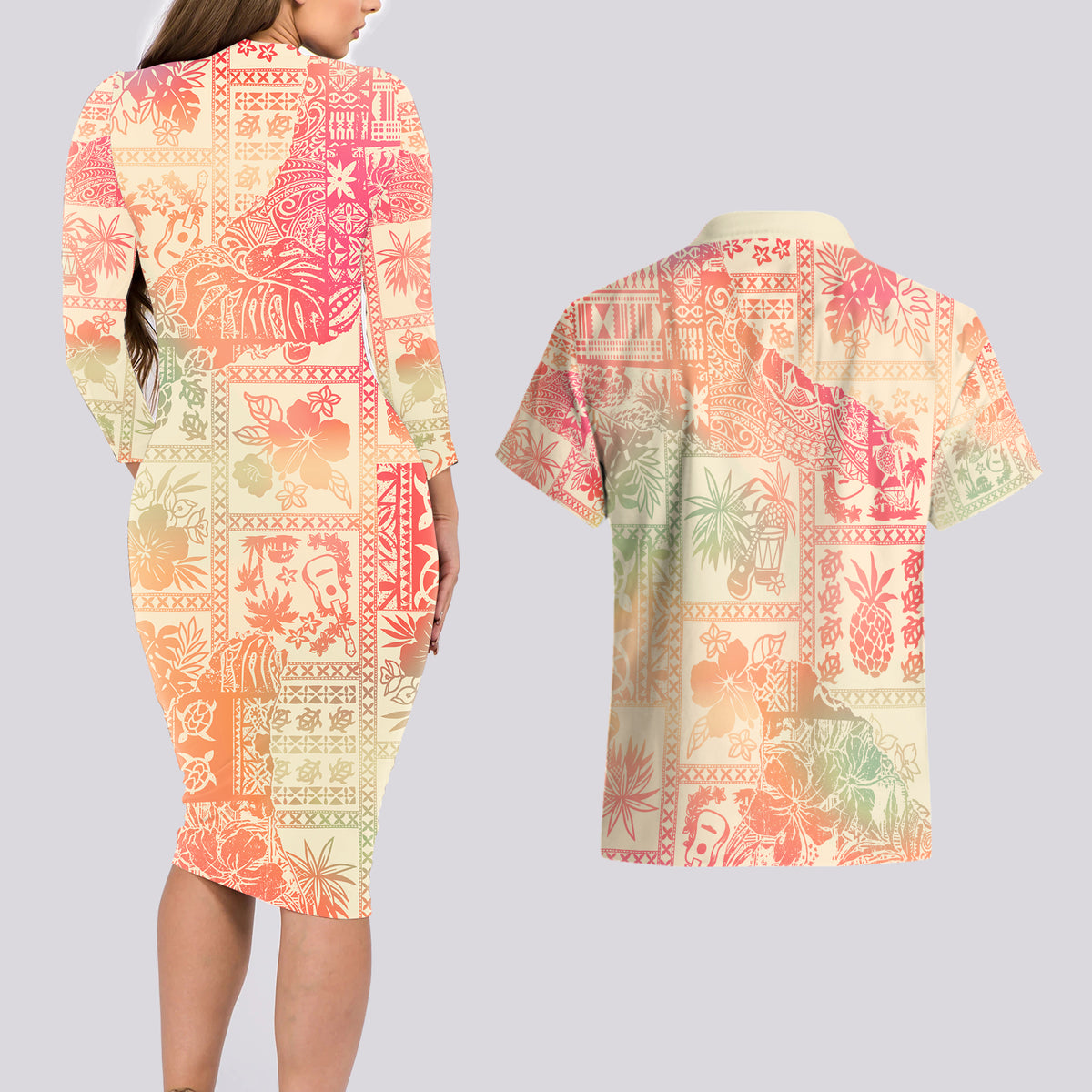 Hawaii Couples Matching Long Sleeve Bodycon Dress and Hawaiian Shirt Aloha Tribal Pattern Sweat Pink Ombre LT9 - Wonder Print Shop