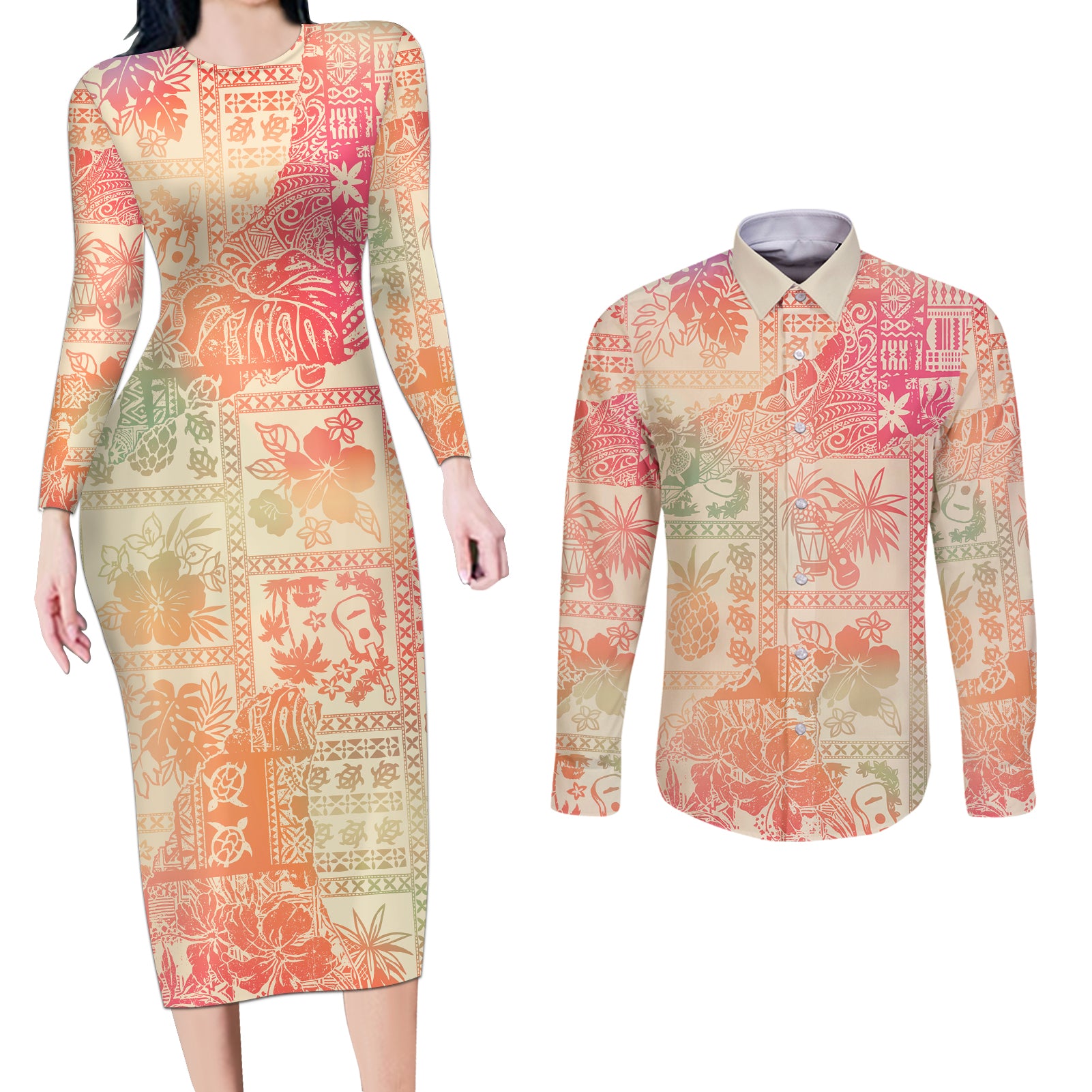 Hawaii Couples Matching Long Sleeve Bodycon Dress and Long Sleeve Button Shirt Aloha Tribal Pattern Sweat Pink Ombre LT9 - Wonder Print Shop