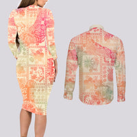Hawaii Couples Matching Long Sleeve Bodycon Dress and Long Sleeve Button Shirt Aloha Tribal Pattern Sweat Pink Ombre LT9 - Wonder Print Shop