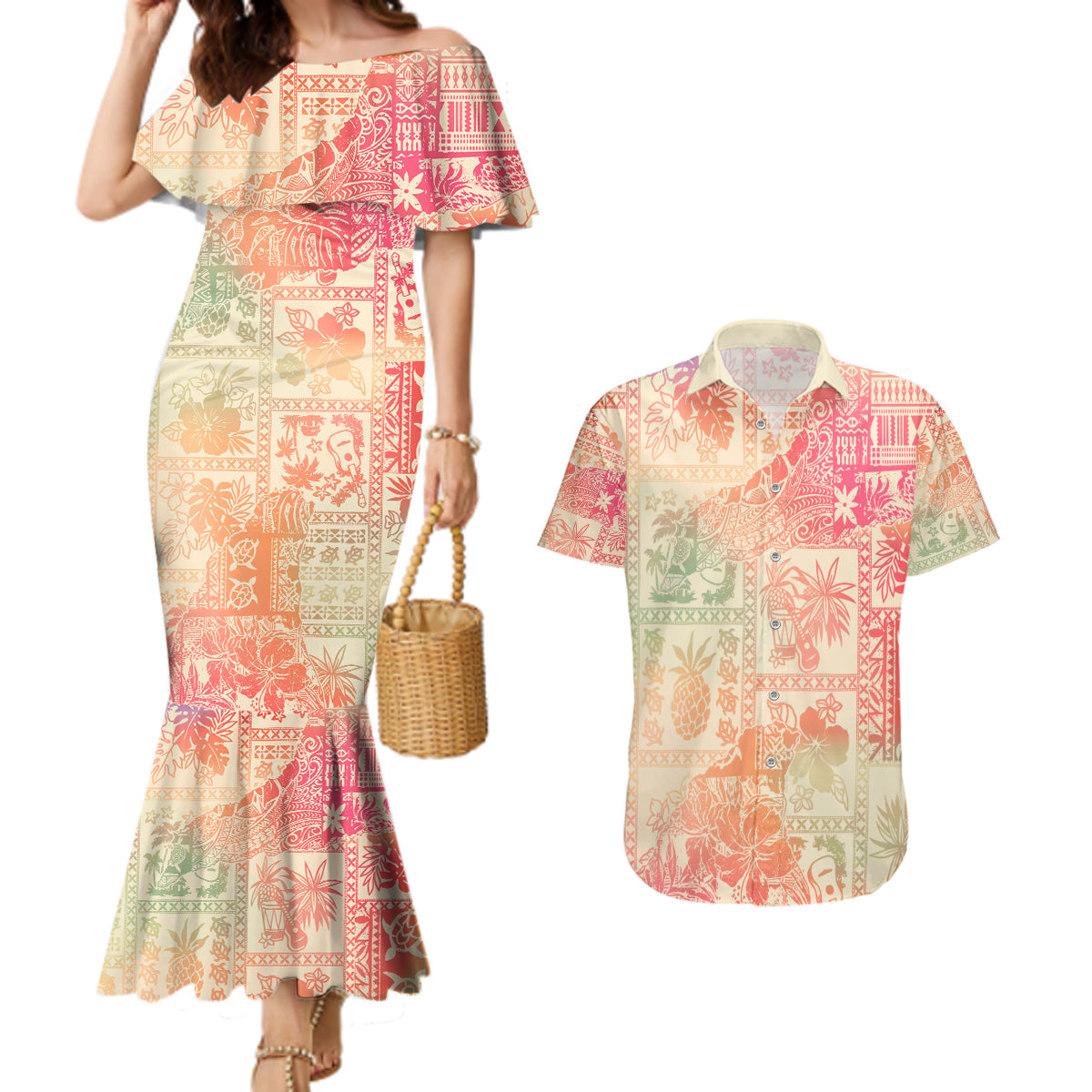 Hawaii Couples Matching Mermaid Dress and Hawaiian Shirt Aloha Tribal Pattern Sweat Pink Ombre LT9 - Wonder Print Shop