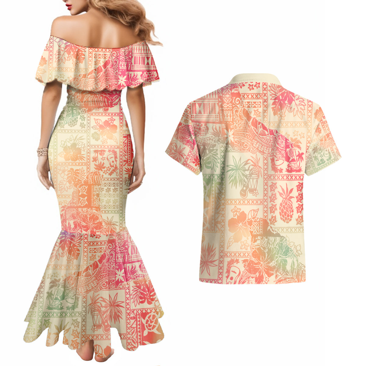 Hawaii Couples Matching Mermaid Dress and Hawaiian Shirt Aloha Tribal Pattern Sweat Pink Ombre LT9 - Wonder Print Shop