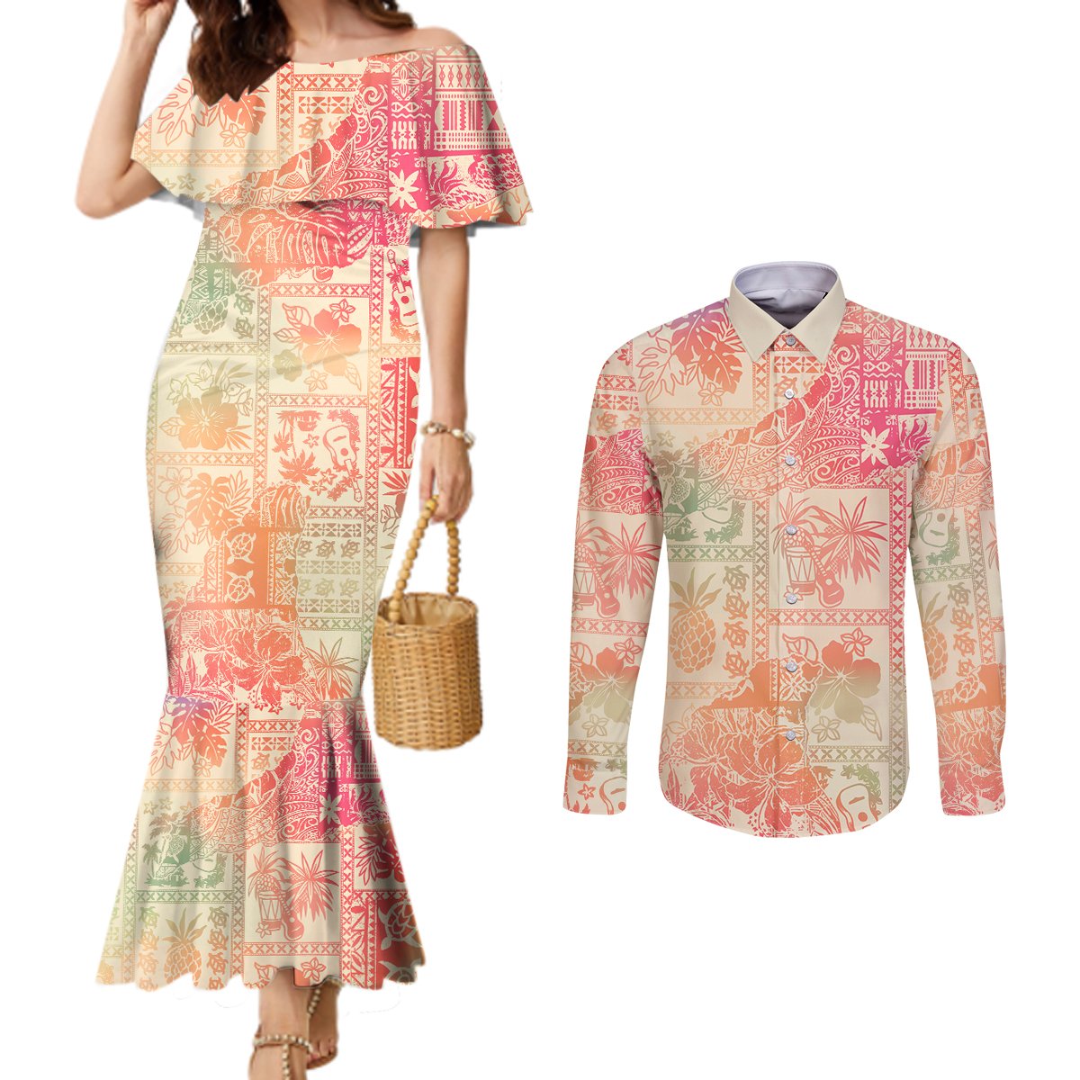 hawaii-couples-matching-mermaid-dress-and-long-sleeve-button-shirt-aloha-tribal-pattern-sweat-pink-ombre