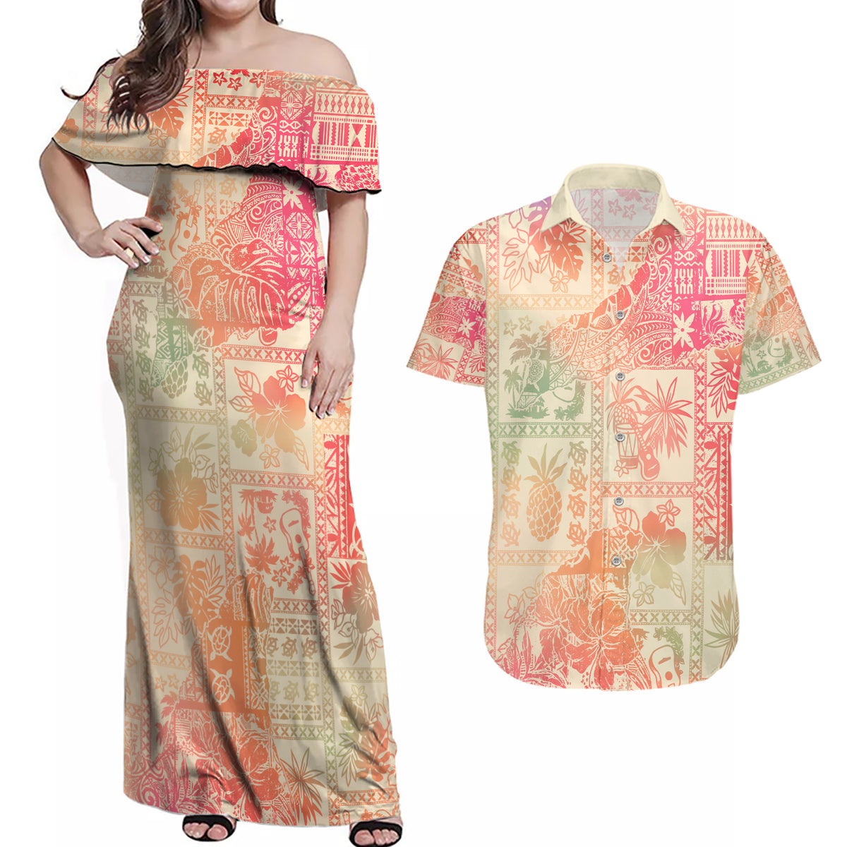Hawaii Couples Matching Off Shoulder Maxi Dress and Hawaiian Shirt Aloha Tribal Pattern Sweat Pink Ombre LT9 - Wonder Print Shop