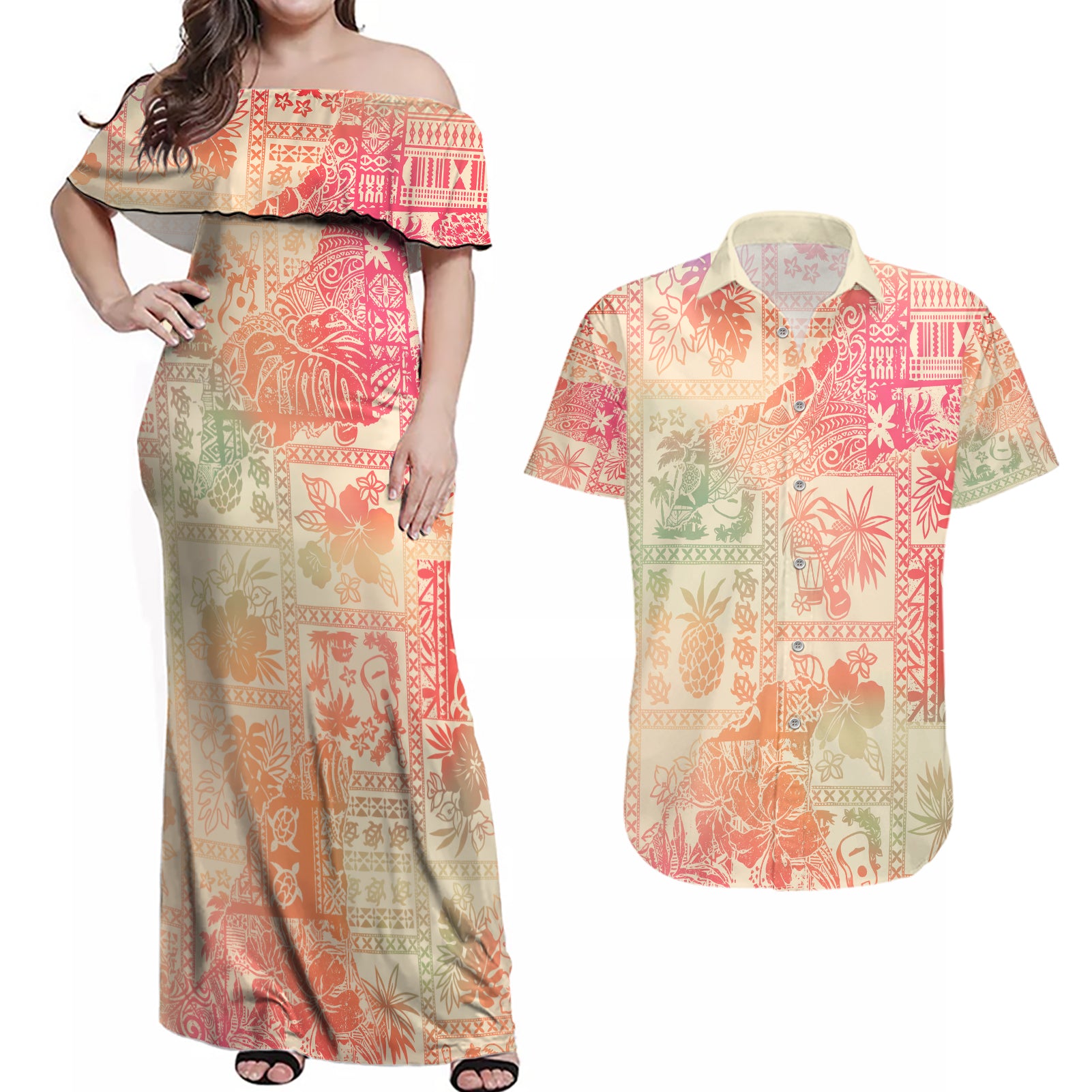 Hawaii Couples Matching Off Shoulder Maxi Dress and Hawaiian Shirt Aloha Tribal Pattern Sweat Pink Ombre LT9 - Wonder Print Shop